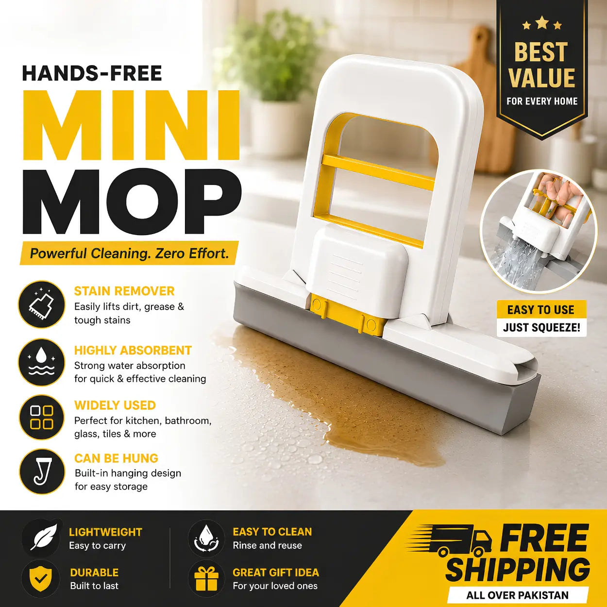 A hands-free mini mop with a white plastic body, yellow accents, and a gray sponge base, shown on a kitchen floor with cleaning claims and promotional text around it.