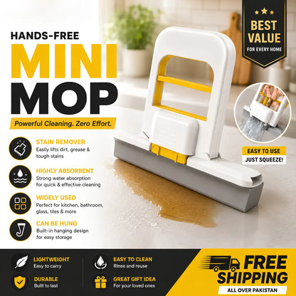 A hands-free mini mop with a white plastic body, yellow accents, and a gray sponge base, shown on a kitchen floor with cleaning claims and promotional text around it.