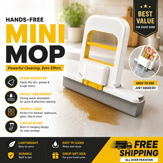 A hands-free mini mop with a white plastic body, yellow accents, and a gray sponge base, shown on a kitchen floor with cleaning claims and promotional text around it.