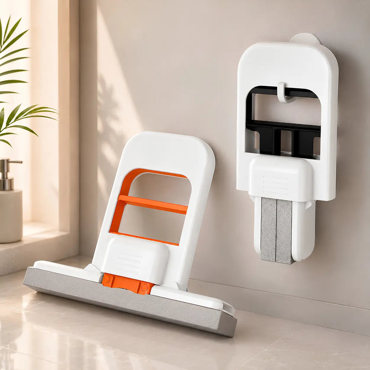 A wall-mounted white and orange squeezable mini mops are shown in a clean indoor room setting with sunlight, a plant, and a tiled floor.