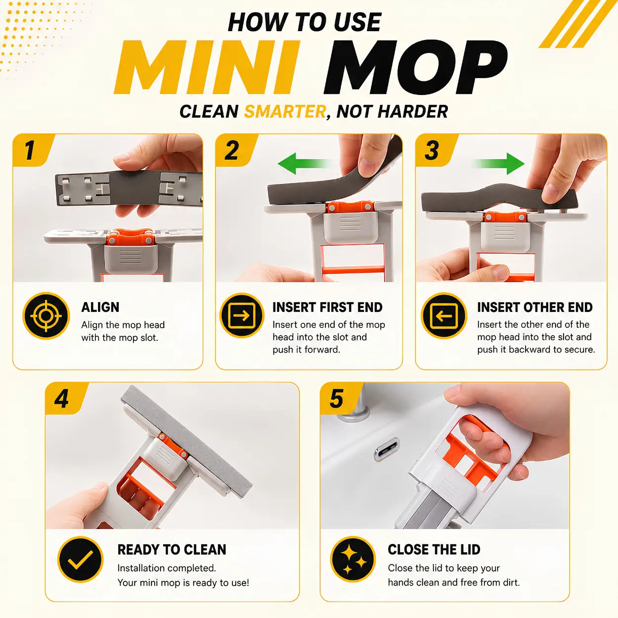 Instructional graphic titled 'HOW TO USE MINI MOP' showing five numbered steps with hands demonstrating how to attach, align, and secure the mop head on a white mini mop. The layout is clean and informative on a light background.