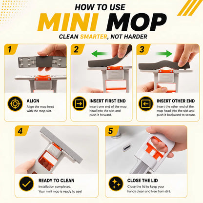 Instructional graphic titled 'HOW TO USE MINI MOP' showing five numbered steps with hands demonstrating how to attach, align, and secure the mop head on a white mini mop. The layout is clean and informative on a light background.