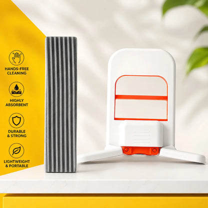 A white and orange portable hand mini mop on a white surface with a yellow graphic overlay highlighting product features.