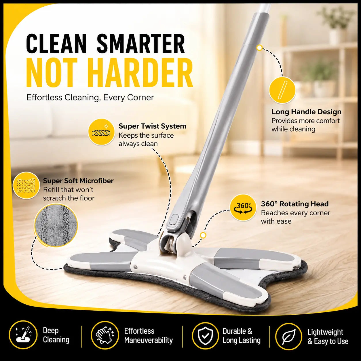 A floor cleaner mop head with a long handle and soft microfiber pad, shown on a light wood floor with callout labels explaining features like the twist system, rotating head, and soft microfiber. Large marketing text at the top reads 'CLEAN SMARTER NOT HARDER' and feature icons appear along the bottom.