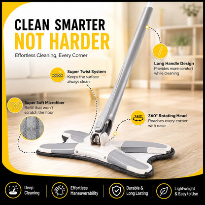 A floor cleaner mop head with a long handle and soft microfiber pad, shown on a light wood floor with callout labels explaining features like the twist system, rotating head, and soft microfiber. Large marketing text at the top reads 'CLEAN SMARTER NOT HARDER' and feature icons appear along the bottom.