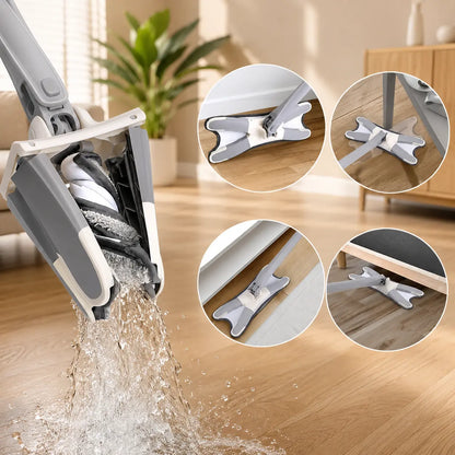 A gray and white floor mop being pulled across a light wood floor, with water spraying from the underside. Four circular inset close-ups on the right show the mop head angles and attachment details.