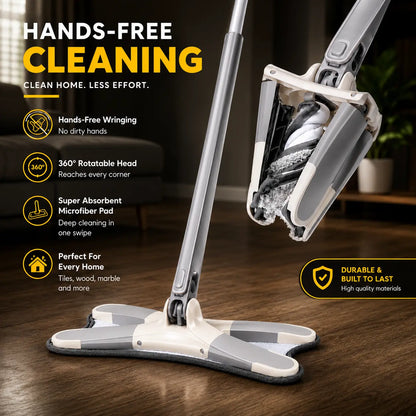 Hands-Free Self-Wringing Flat Mop with 360° Swivel Head and Washable Microfiber Pads for Tile, Marble and Hardwood Floors
