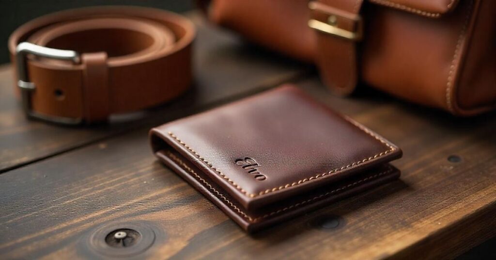 Close-up of a premium leather wallet, belt, and handbag showcasing rich texture and natural grain, arranged on a rustic wooden table with the brand name 'Elvo' engraved in Playfair Display font, emphasizing quality and elegance of genuine leather products.